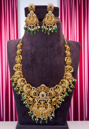 Traditional mini haram with peacock design and green guttapusalu hangings -god laxmi motive locket